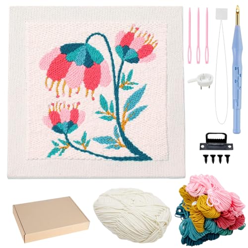 Image of Allazone Punch Needle Kit Frame, Punch Needle Embroidery Kits, Square Punch Needle Fabric with Flower Pattern, Hoop, Yarns, Punch Needle (Beige and Pink)