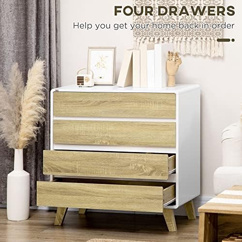 HOMCOM Chest of Drawers, 4-Drawer Storage Cabinet Organiser with Legs for Bedroom, Living Room, White and Natural