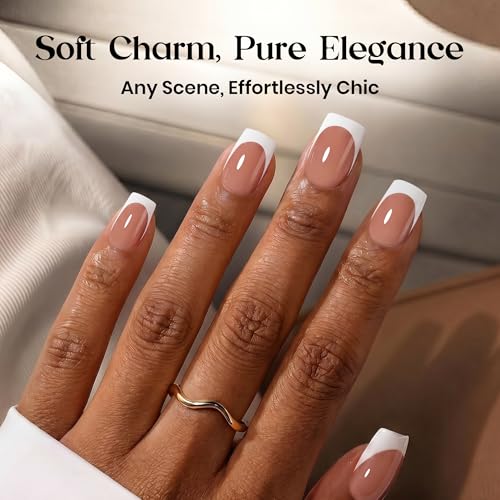 Image of Beetles Brown French Tip Press on Nails Short Square, 64 PCS Nude Fake Nails with Nail Glue & Adhesive Tabs, Glossy Reusable False Nails Kit, 16 Sizes DIY Home Salon Manicure for Women Girls