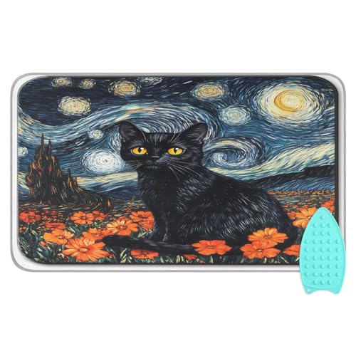 pnyoin Portable Ironing Mat Little Black Meow Cat Travel Ironing Pad with Silicone Iron Rest for Steam Pressing on Tabletop or Bed Heat Resistant Portable Quilting & Travel Blanket