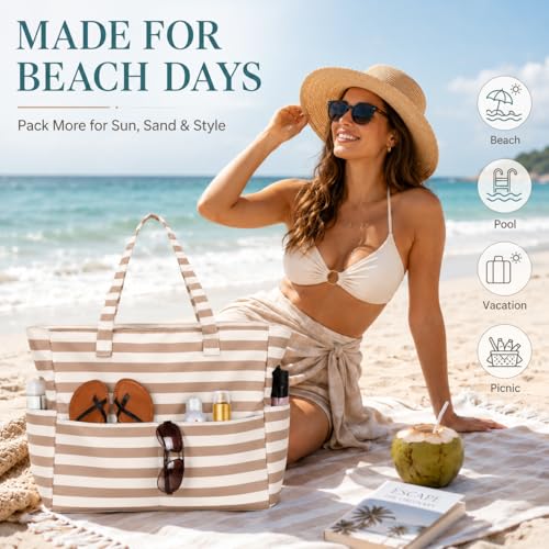 Image of LEDAOU Beach Bag Waterproof Sandproof Women Beach Tote Pool Bag with Zipper for Swim Gym Grocery Travel with Wet Pocket | Sandproof