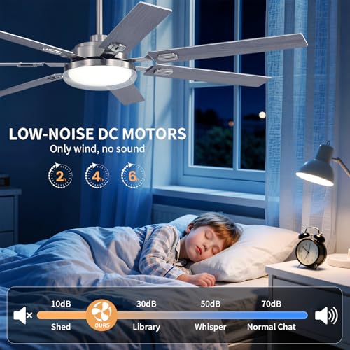 Image of 64 Inch Ceiling Fans with Lights and Remote,Living Room Office Library Cafe Outdoor, 5CCT Dimmable, Dual Color 7 Blades, 6 Speed Reversible Quiet DC Motor, Dual-Layer Shade, Sand-nickel /Wood Grain