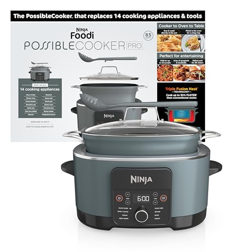 Ninja® 14-in-1 PossibleCooker™ PRO | 8.5qt, Sous Vide, Proof, Bake, & Steam Multicooker | Slow Cooker, Dutch Oven | Glass Lid & Integrated Spoon | Nonstick, Oven Safe Pot 500°F | Sea Salt Gray |MC1001