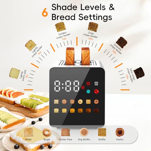 Image of WUNLY 2 Slice Toaster with Full Smart Touch Control,Memory Function,Single-Slot Tech,6 Shade Levels & 6 Bread Settings,Extra Wide Slot for Bagels,Digital Timer,Reheat & Defrost,Silver