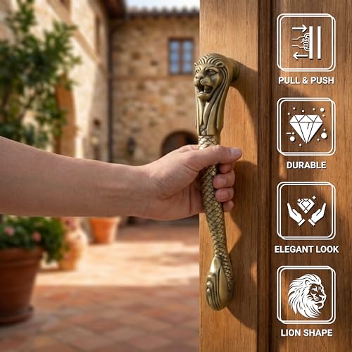 Image of GLOXY Premium Antique 11.5 inch Lion Shaped Main Door Handle with 9.5 inch Hole-to-Hole Spacing - Decorative Push & Pull Aluminium Wooden & Glass Door Handle for Home, Hotel, Banquet Hall & Office - Pack of 1