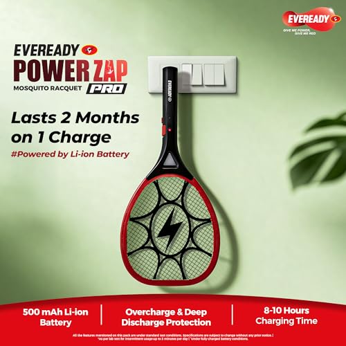 Image of Eveready PowerZap Pro Mosquito Racquet with LED Light & Large Mesh Area, Powered by 500mAh Li-Ion Battery, Kills up to 5000 Mosquitoes & Flies on a Single Charge, Shock-Resistant,12-Months Warranty