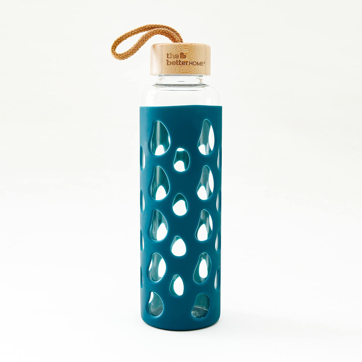 The Better Home Borosilicate Glass Water Bottle with Sleeve (550ml) | Non Slip Silicon Sleeve & Bamboo Lid | Water Bottles for Fridge (Pack of 1, Dark Blue)