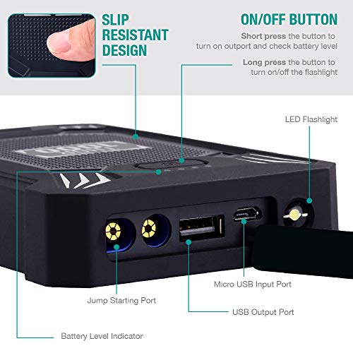 Car Battery Jump Starter Portable - 600A Peak Waterproof 12V Portable Battery Booster Pack (Up To 4.0L Gas Or 2.0L Diesel Engine) Safe Auto Power Bank With Usb Port, Smart Clamps & Led Flashlight #TOP2