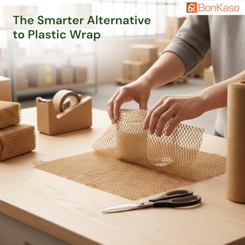 Image of BonKaso Honeycomb Paper Wrap Roll 100M x 15 Inch | 80 GSM Eco-Friendly Brown Packaging Roll | Cushioning & Shockproof Wrap for Fragile Items | Sustainable Packing Material for Shipping