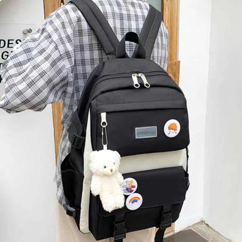 Kawaii Backpack with Kawaii Pins and Accessories 5Pcs Cute Aesthetic Backpack Set Women Lightweight Casual Daypack (Black,One Size)3