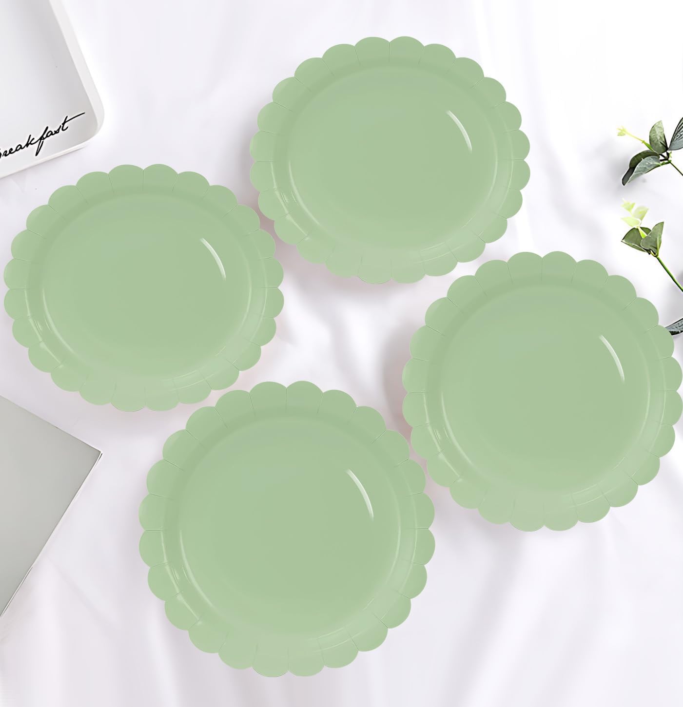 HEIPINIUYE 50 Pieces Sage Green Paper Plates 9 Inch Sage Scalloped Plates Disposable Dinner Plates for Wedding Baby Shower Birthday Party Dessert Plates - Image 5