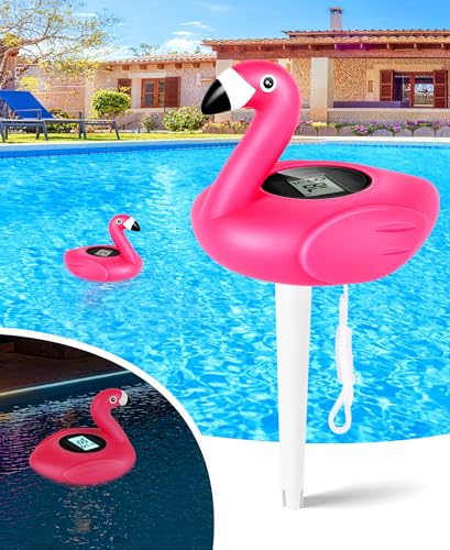 FirstE 2026 Upgrade Solar Digital Pool Thermometer Come with Rope | Backlit LCD Display for Easy Read | Flamingo Pool Temperature Thermometer Floating Design | Ultra-accurate Temperature Gauge for Spa