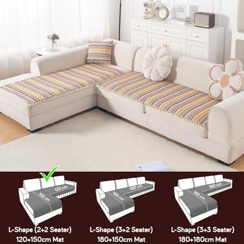 Image of HOKIPO L Shape (2+2 Seater) Sofa Cover Seat Mat | 300 GSM Cotton Acrylic Jacquard Fabric with Tassel, 'Trivana Series' Chocolate Brown (IN-934+935-J4)