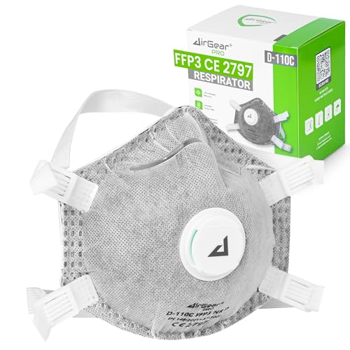 AirGearPro Masque FFP3 Anti-Poussière avec Valve - Masque de Protection Respiratoire pour Adulte à Haute Filtration - Idéal pour Travaux, Peinture, Chantier & Produits Chimiques - Lot de 5