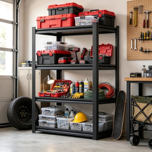 Image of Garage Shelving 4-Tier Heavy Duty Metal Unit 2000 LBS Adjustable Boltless Storage Rack, Organizer for Garage Warehouse Kitchen Basement Workshop Household Supplies, 44 inchH x 13.8 inchW x 11.8 inchD, Black