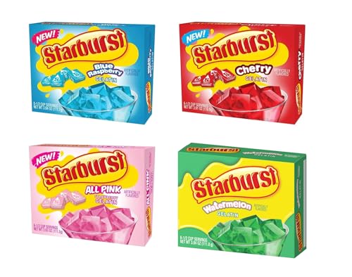 Starburst Gelatin variety pack, 4 flavor Watermelon, Blue Raspberry, All pink Strawberry, and cherry...