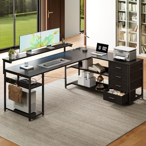 Image of AODK 61 Inch L Shaped Computer Desk with 4 Drawers, LED Lights, Black