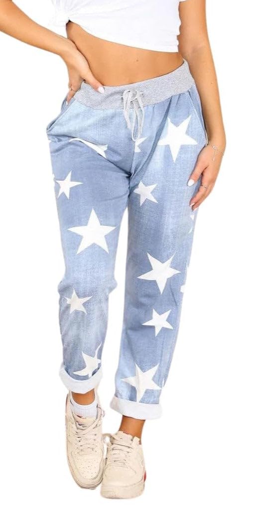 WearAll Women's Floral Print Drawstring Elasticated Trousers Ladies Jogging Bottoms Pants Light Denim Star 20-22