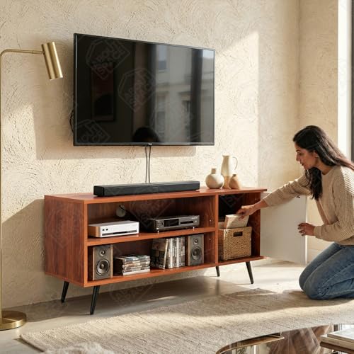 Image of ABOUT SPACE TV Unit - Engineered Wooden TV Stand Table with Cable Hole, Cabinet with Door, Adjustable Shelf for WiFi Router Stand for Living Room, Bedroom (White & Oak Red - L 120 x B 40.5 x H 55 cm)