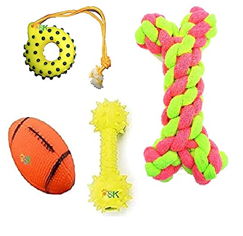 PSK PET MART Squeaky, Chew Teether Toys for Dog/Puppy - Squeaky Rugby Ball + Squeaky Spiked Ring + Rope Cotton Bone + Spiked TPR Dumbell - Combo of 4 (B08YX3YMCB) Amazon Price History, Amazon Price Tracker
