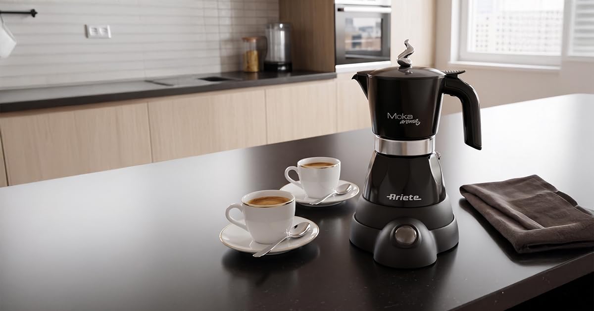 Ariete 1358 Moka Aroma - Cafetera Eléctrica Moka 2/4 Tazas - Autoapagado - Mantiene la Temperatura 30' - 400 W - Negro