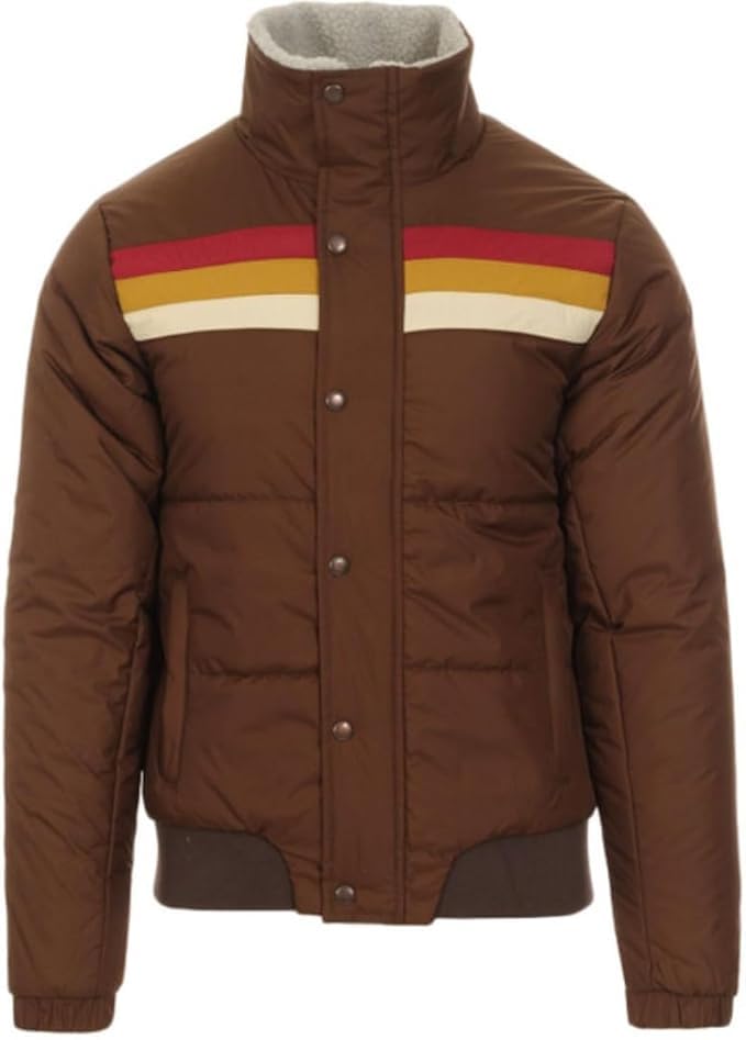 Men's Retro Brown Puffer Jacket with Sherpa Collar and Striped Chest Design – Vintage Winter Outerwear2