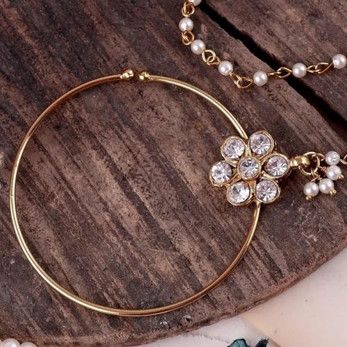 Image of Suhana Goldon Plated Traditional Ethnic Bridal Nose Ring /Nath without piercing with Pearl Chain Encased with Stone for Women /Girls (Nose Ring Diameter - 5)