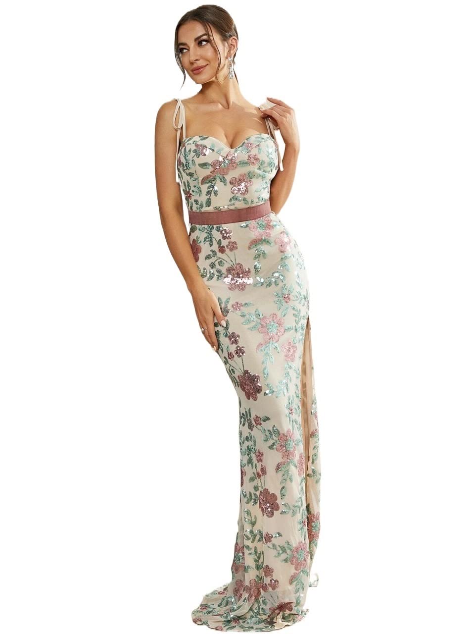 silver formal plus size dress Luxury Multicolor Evening Wear with Beaded Bodice Slit Design Long Train MB40414 NUDE / 8 main image 1