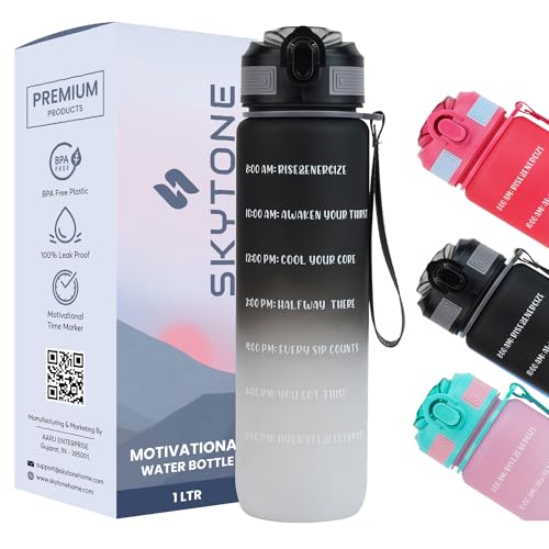 Image of SKYTONE Water Bottle 1 Litre, Motivational Water Bottles, Leakproof Durable BPA-Free Non-Toxic Bottle for Office, Gym, Home, Outdoor (Black)