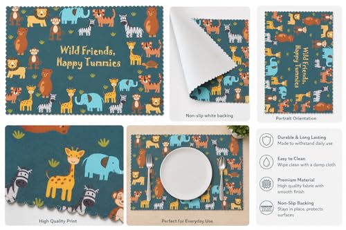 Image of Kids ClothTable Mats Set of 2 - Wild Animal Jungle Safari Theme,Digital Print, Washable, Indoor /Outdoor, Heat-Proof, Water Resistant, Wipe & Clean (47X33 cm) Forest Green