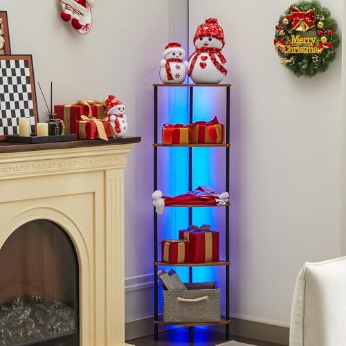 Ymesiyou 5-Tier Corner Bookshelf with LED Light, Corner Bookshelf for Tight Spaces, Narrow Display with Storage Rack, for Living Room, Bedroom, Metal Display Shelf -  corner shelf