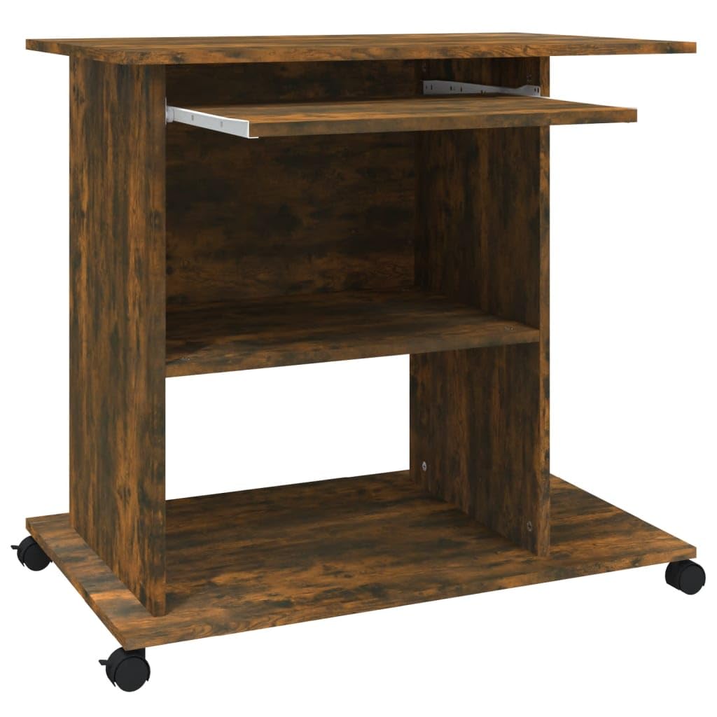 Rolling Computer Desk with Keyboard Tray & CPU Stand, Smoked Oak | Space-saving engineered wood workstation measuring 31.5 x 19.7 x 29.5 inches, ideal for small home office spaces.