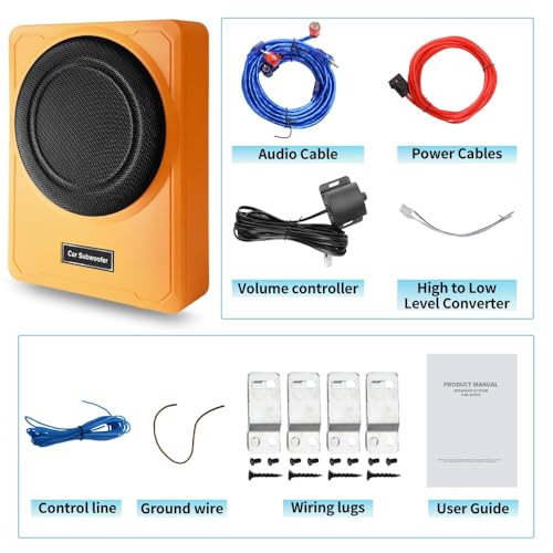 Image of Junsun Slim Under-Seat 10″ 800W Powered Car /Truck Subwoofer & Amp Combo - 220W RMS, Built-in Amplifier, High /Low Input, with Wire Mounting Kit (Vibrant Orange)