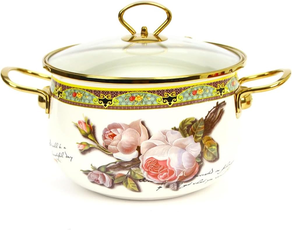 Enamel Stockpot with Lid, Flowers Nonstick Simmer Pot with Dual Handles for Stovetop, Large Saucepan Cooking Pot for Induction Cookers and Stove, Soup Pots,5 Quarts
