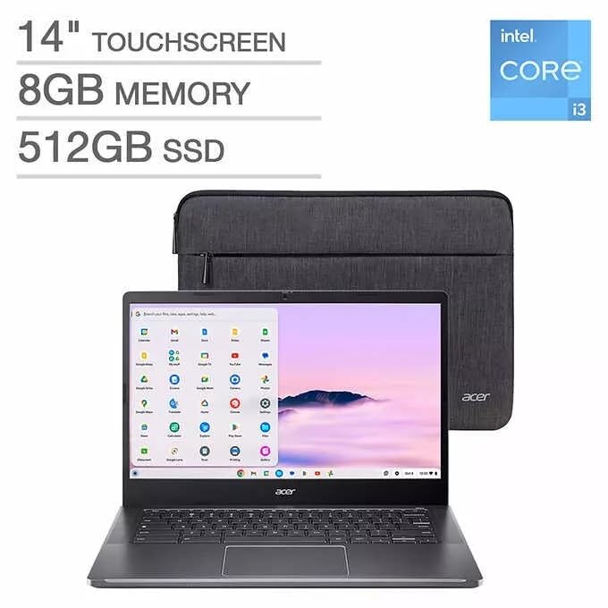 Image of acer Chromebook Plus, 14 inch FHD (1920 x 1080) Touchscreen Display Laptop, Intel i3-N305, 8GB LPDDR5 RAM, 512GB PCIe SSD, Webcam, Chrome OS, Gray, Protective Sleeve Included, TWE 64GB SD Card