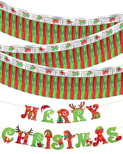 Image of Christmas Decorations 39 ft Foil Fringe Garland Christmas Tinsel Streamers Metallic Hanging Backdrop Banner Table Skirts for Parade Floats Golf Cart Holiday