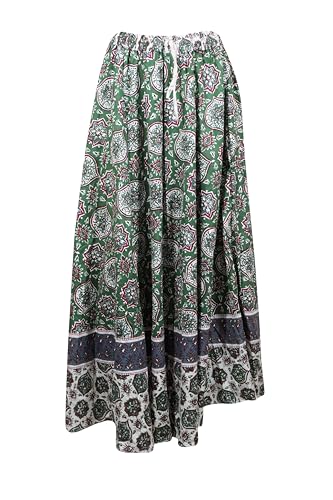 Womens Indian Summer Skirt Green Floral Maxi Skirt Cotton Trendy Beach Boho Flared Printed Festival Skirts, S/M2