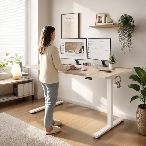 Image of Grandder 55x32 Large Electric Standing Desk, Height Adjustable Computer Desk with 2 Memory Presets, 31.5 inch Deep Desktop Sit Stand Desk Home Office Desk Workstation Table with Hooks, Light Walnut
