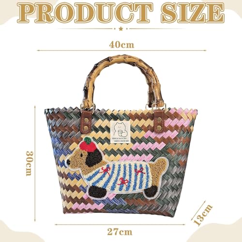 Einkaufskorb Geflochten aus Kunststoff, Korbtasche Handtasche, Strandtasche Stroh Groß, Geflochten Handtasche Damen für Picknick, Shopping, Urlaub (Dackel)