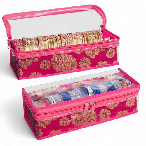 Image of HomeStrap Set of 2 Brocade Design Single Rod Storage Bangle Box for Women /Chudi Organizer Holder with Transparent Top (Pink)