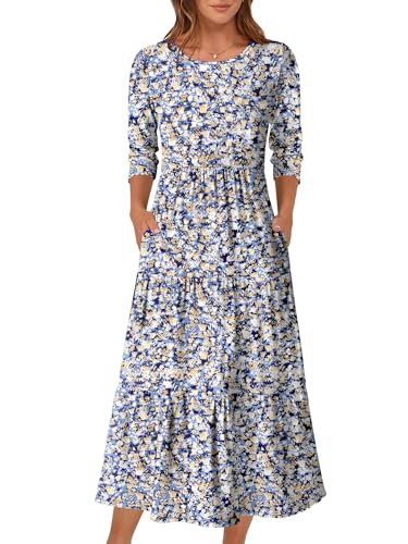 Prinbara Women's 3/4 Sleeve Casual Maxi Floral Dresses 2025 Fall Crewneck A-line Tiered Flowy Summer Boho T Shirt Long Dress
