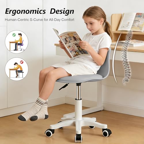 Image of JPBSTO Small Desk Chair Cute Armless Task Vanity Chair with Soft Padded Cushion, Plastic Height Adjustable Home Office Chairs for Teens Girls