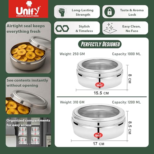 Image of Unify 2 Pieces Stainless Steel Flat Storage Container Set with See-Through Lid | (1 Ltr & 1.2 Ltr) | Puri Dabba | Airtight Multipurpose Kitchen Canisters
