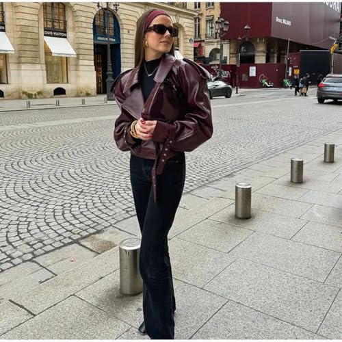 THLAI Womens PU Leather Jacket Long Sleeve Retro Collar Motorcycle Jacket Casual Coat4