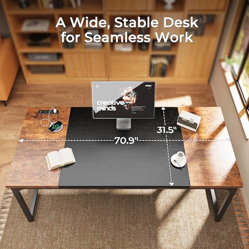 Huuger 71 x 31.5 Inch Desk with Power Outlets & USB-C, 1.2 Inch Thicker Desktop, Robust Metal Tubes, Deep Computer Desk, Heavy Duty Office Desk, Work Desk, Rustic Brown and Black