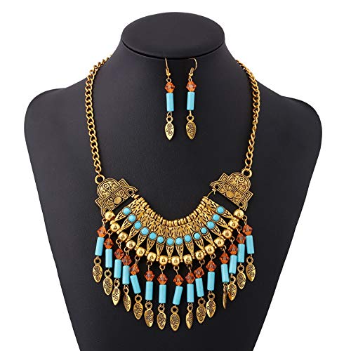 Yazilind Bohemian Style Tassel Pendant Chunky Necklace Earrings Exaggerated Jewelry Set Women Birthday Party Gift #TOP1