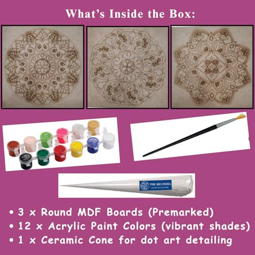 Image of Mandala Art Kit | 3 Premarked MDF Boards, 12 Acrylic Colors & 1 Ceramic Cone | DIY Painting Set for Kids & Adults | Mandala Dot Art & Home Decor Craft Kit