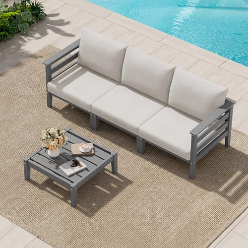 Image of SERWALL HDPE Patio Furniture Set, 4 Pieces Outdoor Sectional Sofa Set | All-Weather Wood-Like Outdoor Sofa Couch with Coffee Table, Modular Design for Flexible Combination