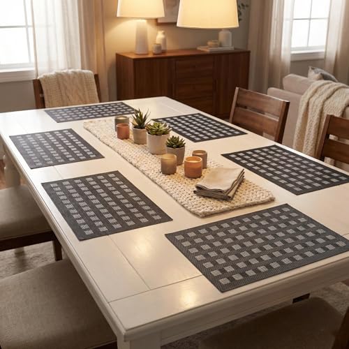 Image of YELONA Placemats for Dining Table - Heat Resistant, Non-Slip & Washable PVC Vinyl Table Mats - Set of 6, 45 x 30 cm (Brown & Beige)