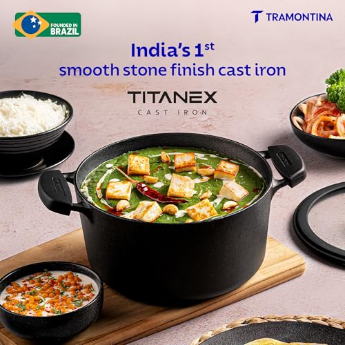 Image of Tramontina TITANEX 20cm / 3.1L Pre-Seasoned Heritage Cast Iron Casserole with Toughened Glass Lid | Gas /Induction Compatible Biryani Pot | Stock Pot with Snap-On Silicone Grips | Life-Time Warranty